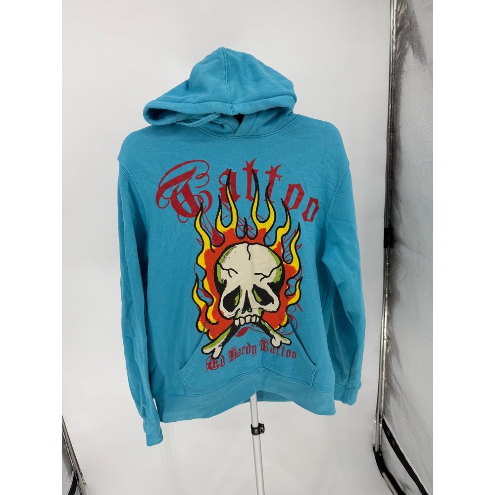 Ed Hardy Hoodie Mens Medium Blue Excellent Tattoo Skull Flame Graphic Ed hardy